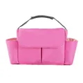 Pink multipurpose nursery storage bag with gray woven handles and side pockets - Rose Red