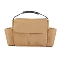 Detail view of khaki diaper bag with side pockets and top handle for strollers - Camel