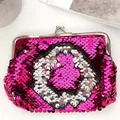 Detailed view of magenta sequin coin purse with silver vintage metal clasp and shiny texture - Rose Red + Silver