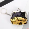 Mini 3-inch pailletten portemonnee met vintage metalen clip en zilveren sleutelhanger - Zwart + Goud