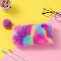 Rainbow plush pencil case with a purple pom-pom zipper pull on a vibrant background - Purple + Purple Pom Pom