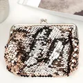 5-inch reversible rose gold and silver sequin coin purse with classic metal clasp - Light Pink and Silver