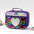 Detail of sequin lunch bag with heart patch and rainbow laser handle for kids - Rainbow