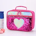 Pink sequin cartoon lunch bag with laser heart detail and reinforced handle for students - Heart Style / Red
