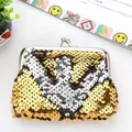 4 inch mini sequin coin purse with metal clasp featuring a tricolor abstract hand pattern - Gold + Silver
