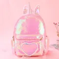 Pink sequin unicorn backpack for girls with sparkling heart patch and 3D horn decor - Phantom Pink