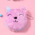 Detail der Katzen-Plüschbörse in Pink und Blau mit Stickerei und silberner Kette - Katze-Stil / Lächelnd Lila