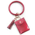 Glossy red leather ring wristlet keychain set with matching tassel and small wallet - Red