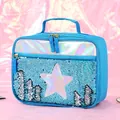 Sky blue sequin lunch bag with holographic star decoration for kids and students - Star Style / Blue
