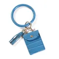Set porte-clés en cuir PU bleu à motif crocodile avec bracelet anneau, porte-carte et pompon - Bleu clair