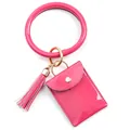 Rose pink silicone ring keychain with glossy patent leather card holder and tassel detail - Rose Red
