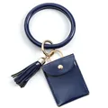 Detail of navy blue faux leather card holder with tassel and golden ring keychain - Navy Blue