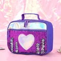 Sparkly purple sequin lunch bag for kids with holographic heart and top handle - Heart Style / Purple