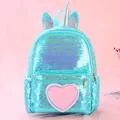 Unicorn sequin backpack with heart patch in turquoise blue for girls - Fantasy Blue