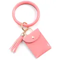 Pink faux leather bracelet keychain with card wallet and tassel charm in gold finish - Pink
