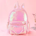 Pink unicorn sequin backpack for girls with sparkling heart patch and 3D horn detail - Phantom Pink