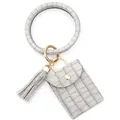 Détail du porte-clés bracelet en cuir gris à motif crocodile avec gland et mini pochette - Gris