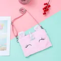 Detail of pink plush unicorn crossbody bag with sequin horn and thin faux leather strap - Squinting Pink