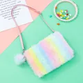 Süße regenbogenfarbene Plüsch-Umhängetasche für Mädchen mit weichem Kunstfell und Pompon - Gestreift Rosa