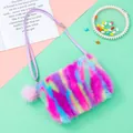 Close-up of rainbow plush crossbody bag with adjustable strap and fluffy pompom detail - Rainbow Purple Red