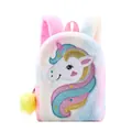 Detailed view of rainbow plush unicorn backpack with glitter embroidery and fuzzy pompom - Colorful
