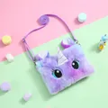 Detalle de bolso unicornio de felpa con pelaje degradado púrpura y cuerno de purpurina - Ojos Grandes Púrpura