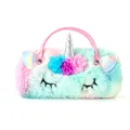 Rainbow plush unicorn handbag with silver glitter horn and pink faux leather handle - Colorful