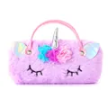Detail of plush purple unicorn bag featuring iridescent horn and colorful chiffon flowers - Light Purple