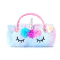Detail of plush unicorn bag with gradient fur, 3D flowers and silver horn accents - Violet