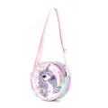 Dettaglio della borsa a tracolla rotonda con unicorno, paillettes e cinturino regolabile - Unicorno Rosa