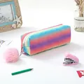 Rainbow glitter pencil case with a pink pom-pom charm for students and stationery storage - Rose Red Sparkling Multi-color