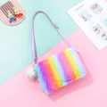 Borsa a tracolla in peluche arcobaleno per bambine con cinturino viola e pompon bianco - Striscia Arcobaleno Chiara
