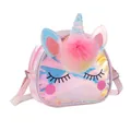 Cute kids unicorn crossbody bag in iridescent laser PU leather with plush pom-pom detail - Pink