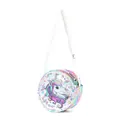 Detail of glitter sequins and unicorn liquid quicksand design on children's round bag - Iridescent White Unicorn