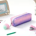 Detail of glitter rainbow gradient pencil case with a soft plush pompom pendant decoration - Dreamy Purple Multi-color