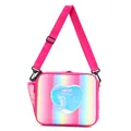 Bolsa de almuerzo arcoíris con corazón holográfico azul y bolsillo lateral de malla rosa - Estilo Horizontal Rosa Fucsia Con Correa