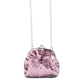 Detailed view of pink sequin coin purse with bow accent and silver kiss-lock closure - Pink