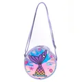 Detail of round mermaid tail crossbody bag with iridescent finish and seashell accents - Mermaid Purple