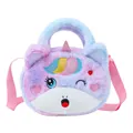 Close-up of fluffy plush unicorn crossbody bag with colorful faux fur and embroidery - Violet