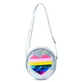 Dettaglio della borsa a tracolla tonda con paillettes, cuore colorato e cinturino argentato - Cuore Argento Bianco