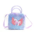 Detail of colorful plush unicorn bag showing purple handles and pink sequin Pegasus patch - Purple Square