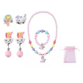 Unicorn themed beaded jewelry set with necklace bracelet and cloud earrings for kids - Unicorn Style (With Mesh Bag)