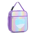 Detalle de bolsa de almuerzo de corazón con lentejuelas arcoíris y malla lateral - Estilo Vertical Púrpura Sin Correa