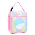 Bolsa de almuerzo rosa con purpurina arcoíris, parche de corazón y bolsillo de malla - Estilo Vertical Rosa Sin Correa