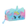 Detailed close-up of plush unicorn makeup bag with embroidered eyes and sequin horn - Blue