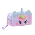 Detail of plush unicorn bag with glitter horn and rainbow hair, used as pencil or makeup case - Purple