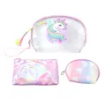 3-piece unicorn cosmetic bag set with clear PVC, rainbow tassels and holographic finish - Pink