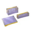 Detailed view of the 3-piece purple mesh storage set with yellow contrasting zippers - Three-Piece Set / Violet