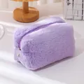 Soft purple plush makeup bag with zipper closure and portable handle for storage - Light Purple