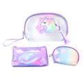 Three-piece cartoon unicorn makeup bag set with transparent PVC and purple tassel - Purple